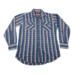 Vintage Kingsport Shirt Adult MEDIUM Blue Plaid Rainbow Sears Button Down 80s